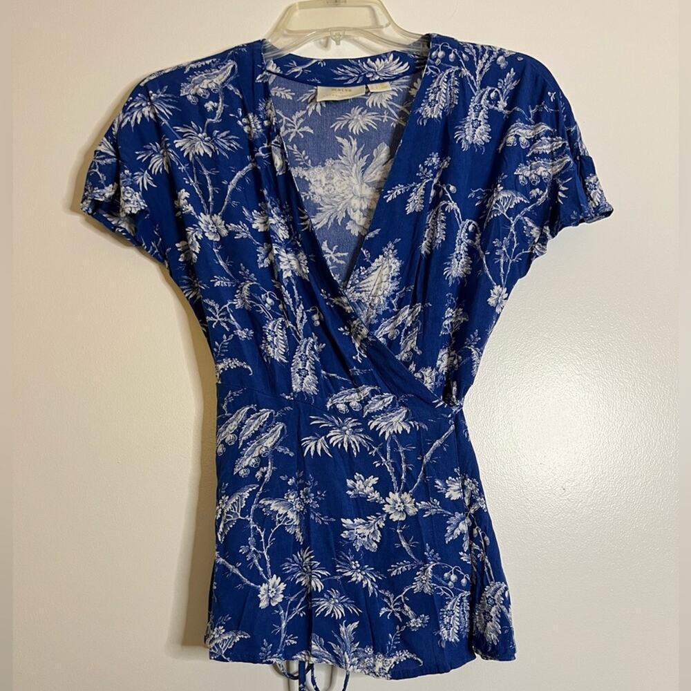 Anthropologie Maeve Blue/White Pattern Short Sleeve Wrap Top - Picture 2 of 6